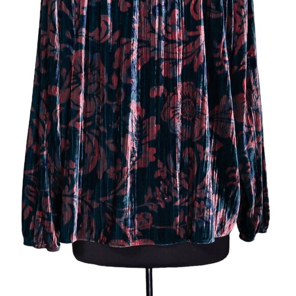 Anthropologie Women's Blouse Teal Peach Floral Velvet Oversized Tie Front Top L - Picture 8 of 10